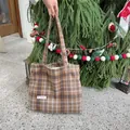 Sac cabas rétro en laine à carreaux marron, automne hiver grand sac porté épaule femme chic. - Carreaux Jaune Terre