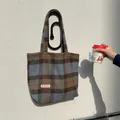 Sac cabas carreaux laine vintage, sac portepaule retro avec anses pour femme automne. - Plaid Bleu et Vert