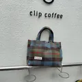 Sac cabas en laine à carreaux rétro pour femme, petit sac à main décontracté automne hiver. - Sacs à main à carreaux bleu-vert