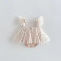 Baby meisje mouwloze kant tull prinses jurk detail, schattige ruche romper kleding. - 66cm / Abrikoos