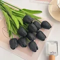 Ramo de tulipanes negros artificiales de PU, flores falsas realistas para decoración del hogar. - Negro