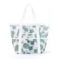 White mesh beach bag with green pineapple print, large capacity travel shoulder bag. - White Pineapple