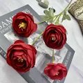 4-head artificial ranunculus silk flower for home decoration, realistic red floral arrangement. - Red