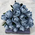 Künstlicher Rosenstrauß in Blau, 18-köpfige Seidenblumen für Heimdekoration und Tischdeko. - Blau