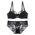 Conjunto de lencería sexy con sujetador y braga de encaje negro ultrafino para mujer - 70A / Top Y Pantalón / Negro