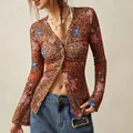 Long sleeve sheer mesh shirt with leopard and floral print for a vintage slim fit - Brown Leopard