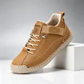 Comfortable hand-stitched tan leather casual walking shoes with white laces design - 38 / Caramel color