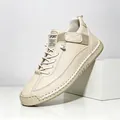 Beige hand-stitched casual shoes for women with white laces and sport tag detail - 38 / Off White