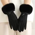 Elegant black winter gloves for women with cozy faux fur cuffs and bow accents - Fur Cuff Leather Bow Triple Line Style / Black