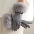 Elegant grey thermal winter gloves featuring fluffy faux fur cuffs and a chic bow detail - Fur Cuff Leather Bow Triple Line Style / Gray