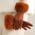 Elegant warm winter gloves for women featuring plush brown faux fur cuffs and bow - Fur Cuff Leather Bow Triple Line Style / Caramel color