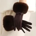 Elegant brown winter gloves for women with thick faux fur cuffs and a sweet bow detail. - Fur Cuff Leather Bow Triple Line Style / Coffee