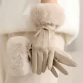 Elegant beige winter gloves with faux fur trim and delicate bow detail for women - Fur Cuff Leather Bow Triple Line Style / Khaki