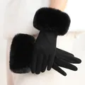 Warm black winter gloves for women featuring plush faux fur cuffs and quilted diamond pattern - Grid Pattern Fur Cuff Style / Black