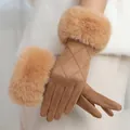 Elegant camel winter gloves for women with cozy faux fur trim and quilted diamond pattern - Grid Pattern Fur Cuff Style / Yellow Khaki