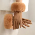 Elegant camel suede winter gloves featuring fluffy faux fur cuffs and a decorative bow detail - Fur Cuff Leather Bow Triple Line Style / Yellow Coffee