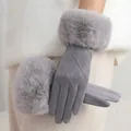 Elegant grey women's winter gloves featuring warm fur cuffs and touchscreen fingers - Grid Pattern Fur Cuff Style / Gray