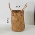 Cesta de almacenamiento de algas marinas tejida con parches de cuero y asas cuerda - Cesta de Paja Alta / Grande (20*27cm)