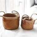 Juego de cestas de algas marinas tejidas a mano con asas de yute para decorar y regalar - Cesta de Paja Baja / Set de dos piezas