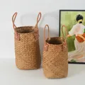 Pair of handwoven seagrass storage baskets with rustic jute handles and leather accents - Tall Straw Bucket / Two-Piece Set