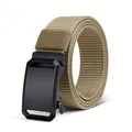 Khaki canvas tactical belt featuring a black metal automatic buckle for casual daily wear. - Khaki 001