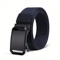 Canvas tactical belt buckle detail, durable nylon strap for casual outdoor wear close up. - Black 001