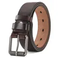 Vista detallada del cinturón de cuero genuino para hombre con hebilla de metal antiguo. - H1009 café / 120cm
