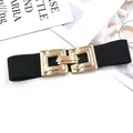 Elegant black elastic waist belt for women with stylish gold square buckle fashion accessory. - Black