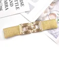 Gold elastic waist belt featuring a modern metal square buckle, stylish accessory for women. - Gold