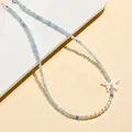 Elegant necklace with blue crystal beads, freshwater pearls, and white shell butterfly charm - Aquamarine freshwater pearl shell butterfly necklace
