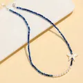 Handmade blue crystal bead necklace with white pearls and shell butterfly pendant - Necklace / 40cm+3cm / Crystal Blue