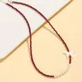 Elegant New Chinese style necklace with dark red beads, pearls and shell butterfly charm - Garnet freshwater pearl shell butterfly necklace