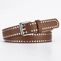 Brown leather belt with silver metal studs and classic pin buckle for women daily wear - Camel
