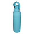 Stainless steel insulated water bottle detail shot, cyan portable sports travel flask. - Teal