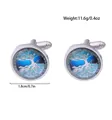 Round blue tree pattern cufflinks, silver metal finish, stylish men wedding accessory - Blue Map Silver Edge Style (B1377-2)