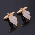 Rose gold wing cufflinks, white enamel detail, elegant French shirt sleeve buttons variant. - Wings Style (B1360) / Alloy
