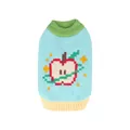 Knit dog sweater with pixel apple design in light blue and green for small puppies. - S / Blue
