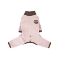 Cozy pink 4-leg dog onesie bodysuit with brown trim and cute pretzel embroidery - S / Pretzel (Pink) / Pink