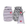 Reversible purple and zebra print dog puffer vest with a matching purple storage bag - S / Tops / Purple