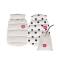 Professional reversible pet puffer vest with polka dot pattern and storage bag for small dogs - White