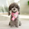 Soft pink knitted puppy scarf with bear patch and pompom decoration - S / 40cmx5cm / Pink
