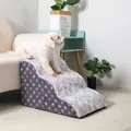 Detachable 3-step pet stairs with colorful paw prints and soft fleece top for small dogs - S (2-Step) / Grey Paw