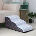 Detachable 3-step pet stairs with light blue star plush top and colorful paw prints - Blue Star