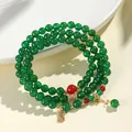 Elegant green agate multi-layer wrap bracelet with red beads and golden charm - Green Agate Health And Joy Charm Style
