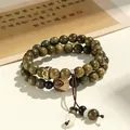 Handcrafted double-strand green sandalwood prayer bead bracelet with vintage carved charms - Horse (Mahasthamaprapta Bodhisattva)