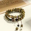 Green sandalwood double-layer beaded bracelet with Buddhist guardian carving and charms - Dragon & Snake (Samantabhadra Bodhisattva)