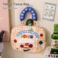 Yellow checkered hanging tissue bag with cartoon apple design and alphabet handle - 23*32cm / Yellow