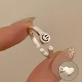 925 sterling silver open adjustable ring featuring a smiley face and heart charm detail - Smiley Face and Heart Style (JZ1029) / Adjustable Open / Silver