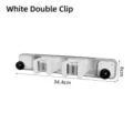 White wall-mounted mop and broom holder with double sliding clips and hooks 34.4cm - Double Clip / White