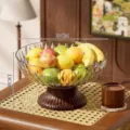 Transparente weiße Obstschale mit elegantem Holzsockel, 24 cm Durchmesser - 24x13cm / Transparent Weiß Mit Holzmaserung